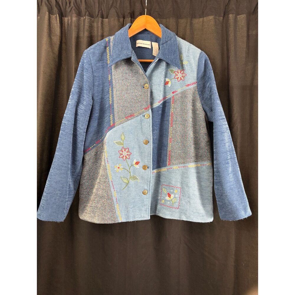 Alfred Dunner Blue Patchwork Floral Embroidered Woven Jacket Blazer Size 12